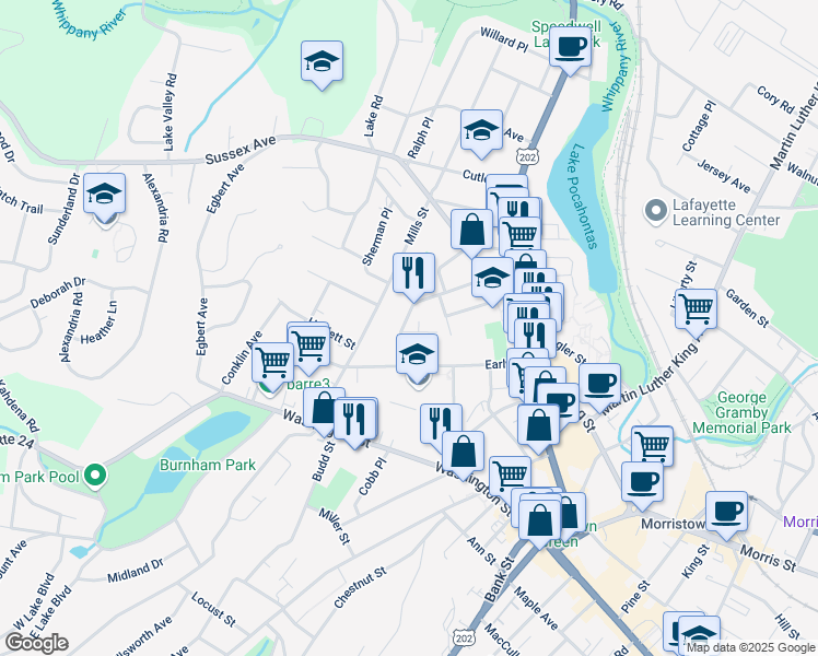 map of restaurants, bars, coffee shops, grocery stores, and more near 15 Harrison Street in Morristown