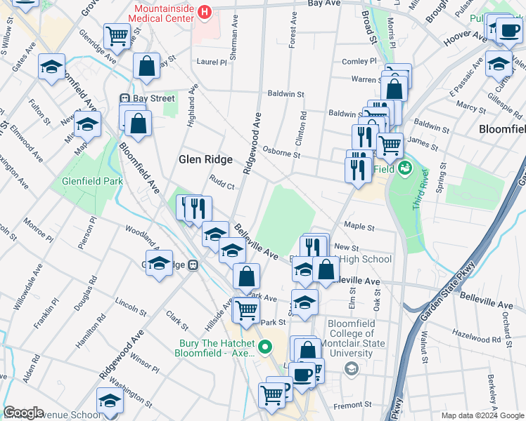 map of restaurants, bars, coffee shops, grocery stores, and more near 69 High Street in Glen Ridge