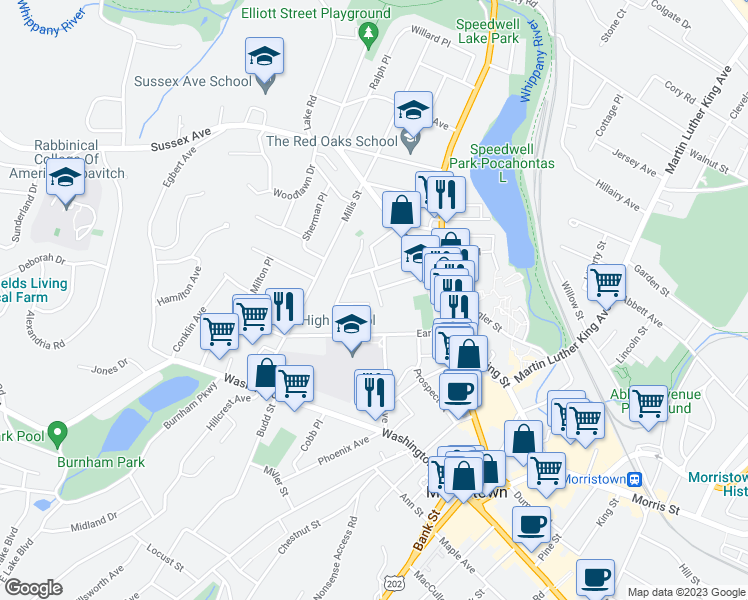 map of restaurants, bars, coffee shops, grocery stores, and more near 21 Bellevue Terrace in Morristown