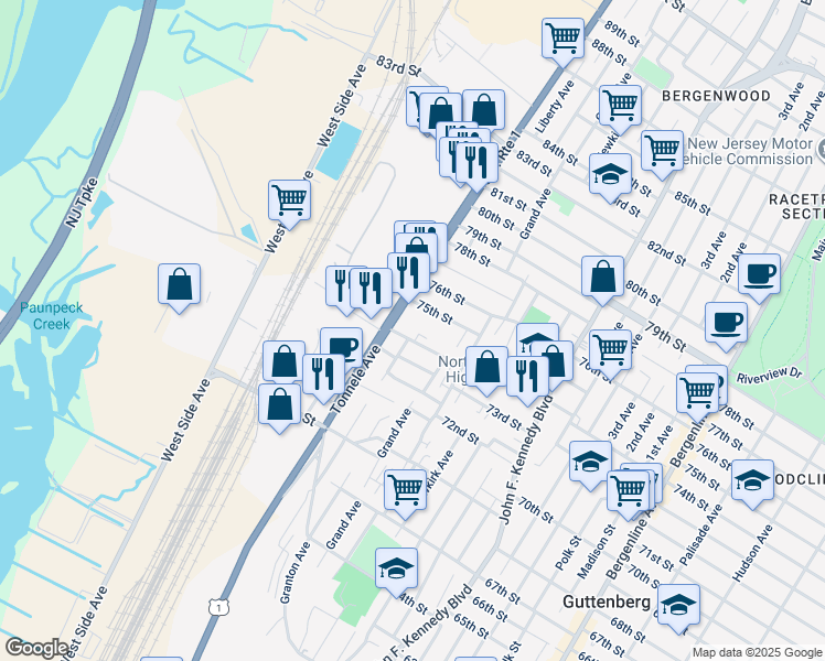 map of restaurants, bars, coffee shops, grocery stores, and more near 1700 74th Street in North Bergen