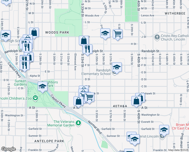 map of restaurants, bars, coffee shops, grocery stores, and more near 1029 S 35th St in Lincoln