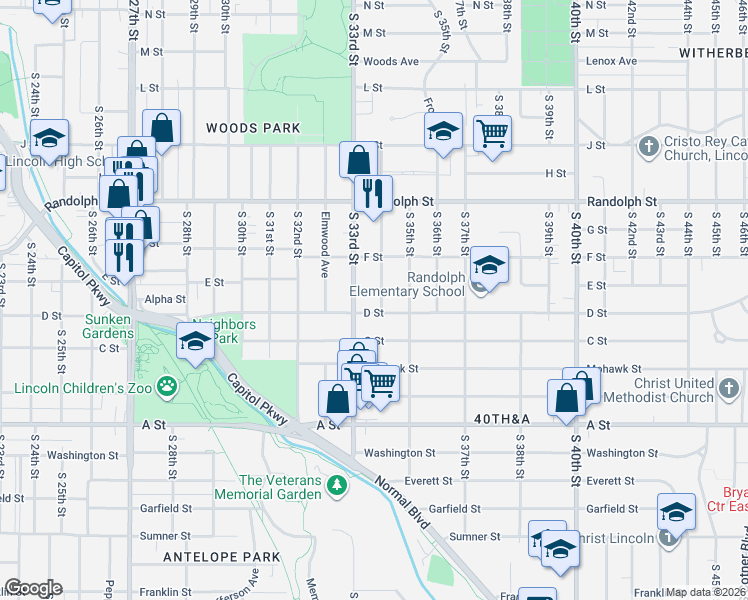map of restaurants, bars, coffee shops, grocery stores, and more near 1027 S 34th St in Lincoln