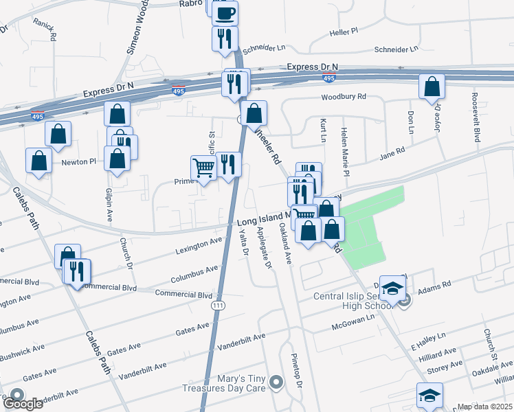map of restaurants, bars, coffee shops, grocery stores, and more near 475 Bridge Road in Hauppauge