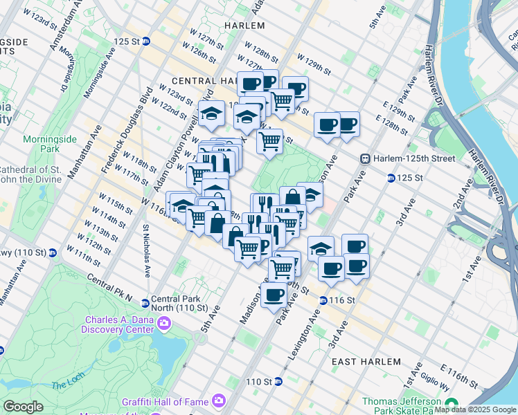 map of restaurants, bars, coffee shops, grocery stores, and more near 11 West 119th Street in New York