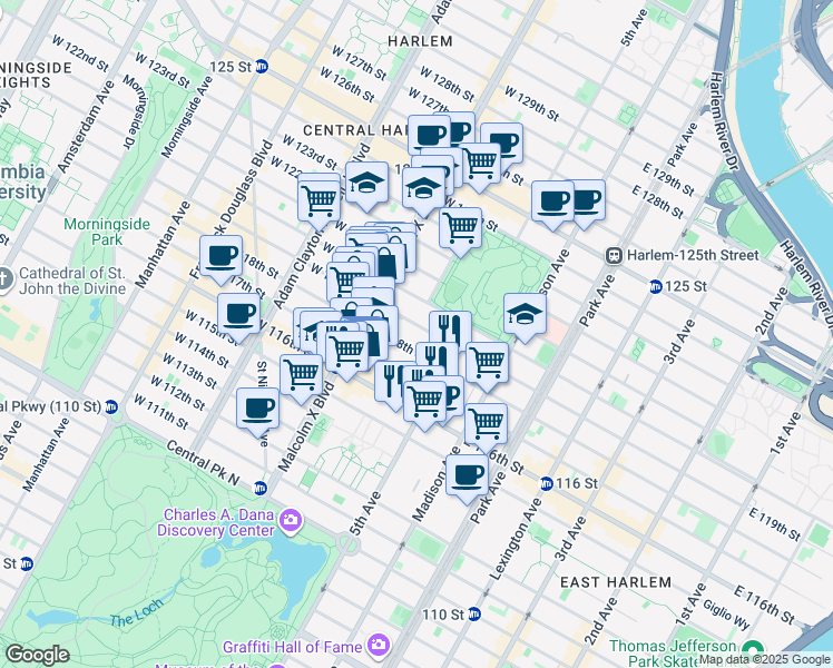 map of restaurants, bars, coffee shops, grocery stores, and more near 52 West 119th Street in New York