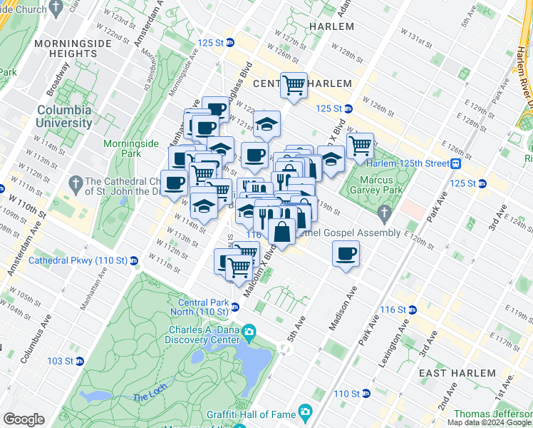 map of restaurants, bars, coffee shops, grocery stores, and more near 118 West 117th Street in New York