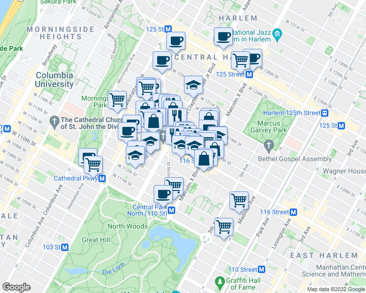 map of restaurants, bars, coffee shops, grocery stores, and more near 141w West 116th Street in New York