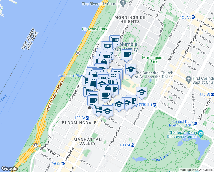 map of restaurants, bars, coffee shops, grocery stores, and more near in New York