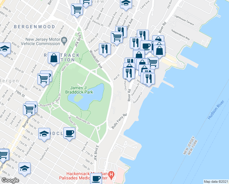 map of restaurants, bars, coffee shops, grocery stores, and more near 8800 John F. Kennedy Boulevard in North Bergen