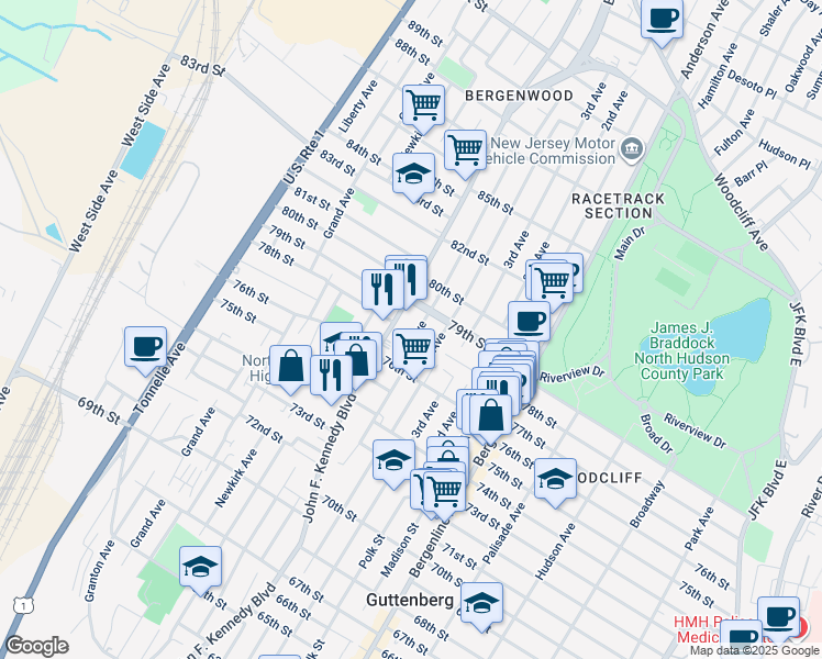 map of restaurants, bars, coffee shops, grocery stores, and more near 7711 5th Avenue in North Bergen