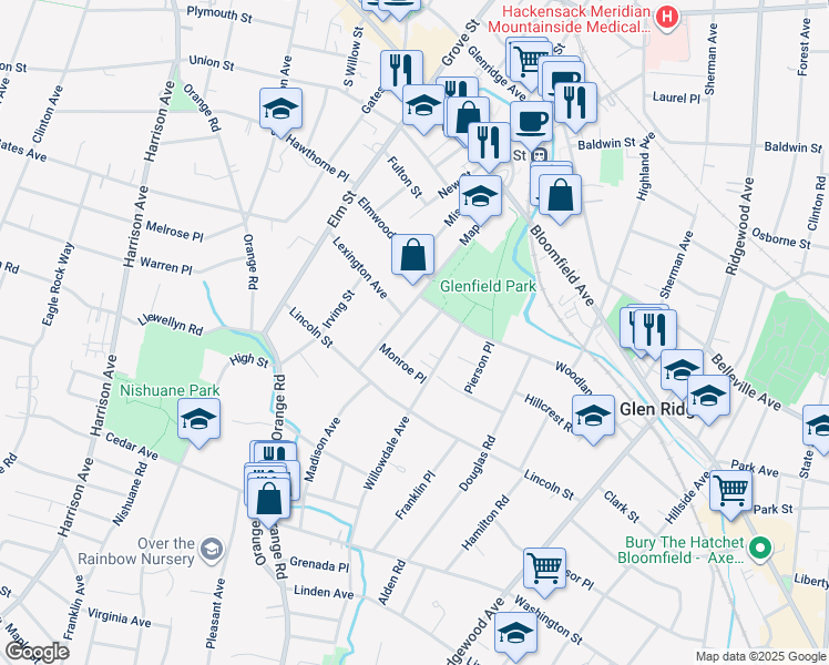 map of restaurants, bars, coffee shops, grocery stores, and more near 115 Maple Avenue in Montclair