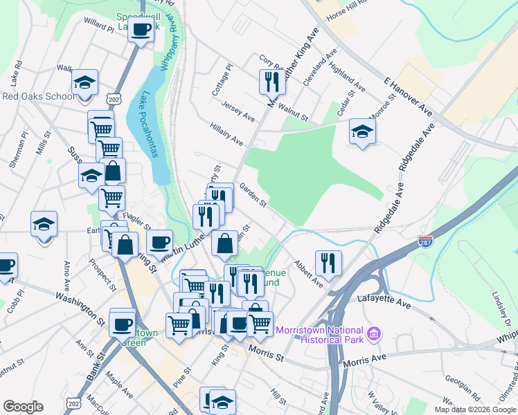 map of restaurants, bars, coffee shops, grocery stores, and more near 29 Garden Street in Morristown