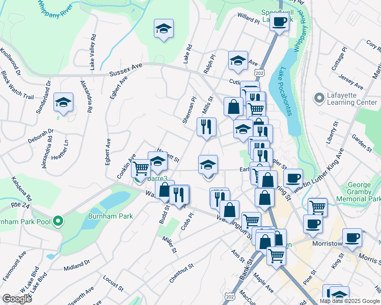 map of restaurants, bars, coffee shops, grocery stores, and more near 53 Mills Street in Morristown