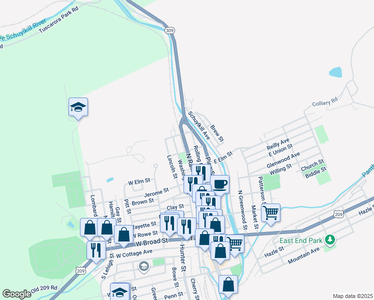 map of restaurants, bars, coffee shops, grocery stores, and more near 24 Vine Street in Tamaqua