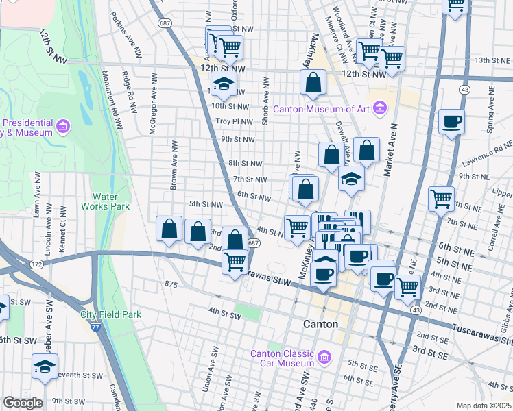 map of restaurants, bars, coffee shops, grocery stores, and more near 509 Shorb Ave NW in Canton