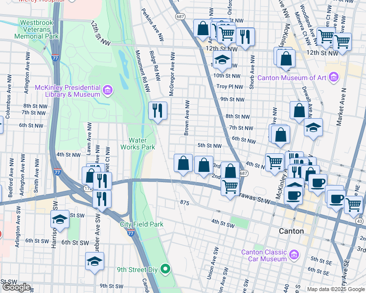 map of restaurants, bars, coffee shops, grocery stores, and more near 1316 5th Street Northwest in Canton