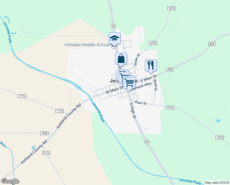 map of restaurants, bars, coffee shops, grocery stores, and more near 49 West Main Street in Jeromesville