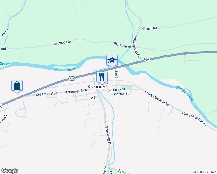 map of restaurants, bars, coffee shops, grocery stores, and more near 678 Kreamer Avenue in Beaver Springs