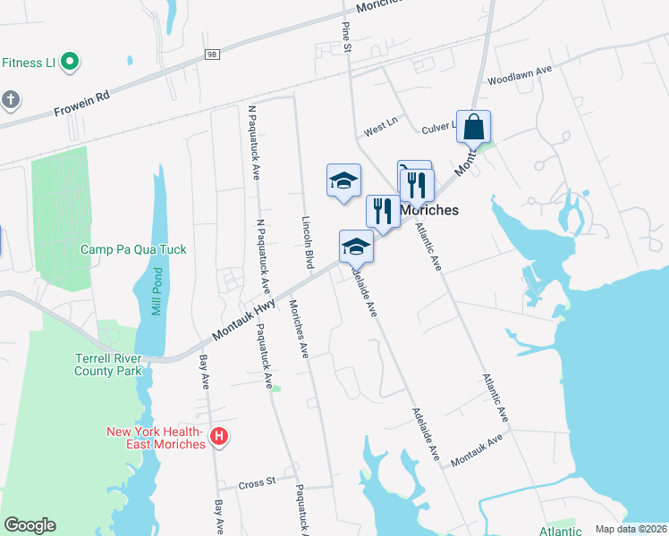 map of restaurants, bars, coffee shops, grocery stores, and more near 532 County Road 80 in East Moriches