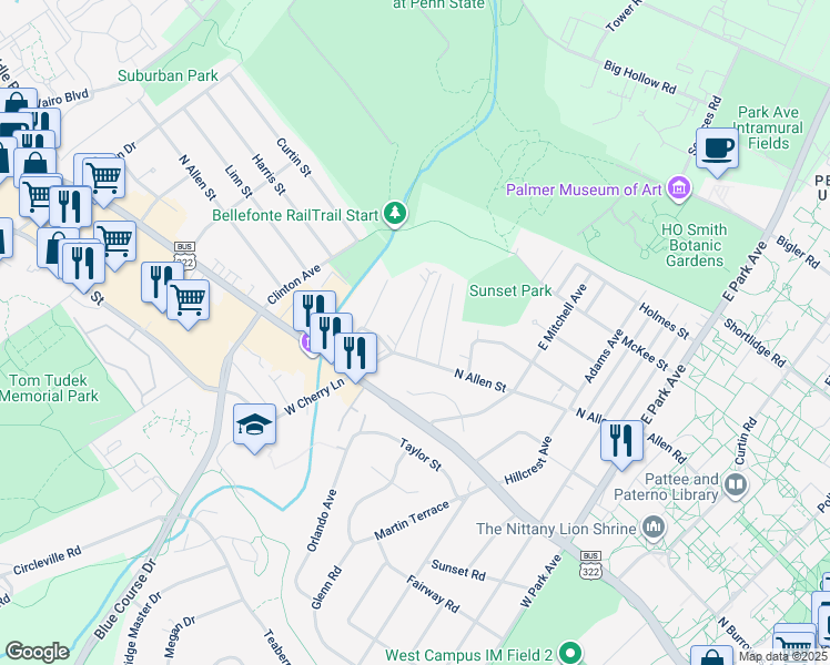 map of restaurants, bars, coffee shops, grocery stores, and more near 111 Edith Street in State College