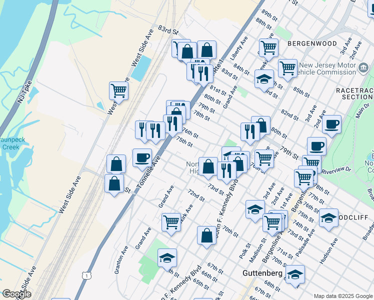 map of restaurants, bars, coffee shops, grocery stores, and more near 1501 75th St in North Bergen