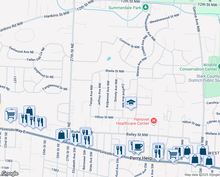 map of restaurants, bars, coffee shops, grocery stores, and more near 704 Kolpwood Avenue Northwest in Massillon