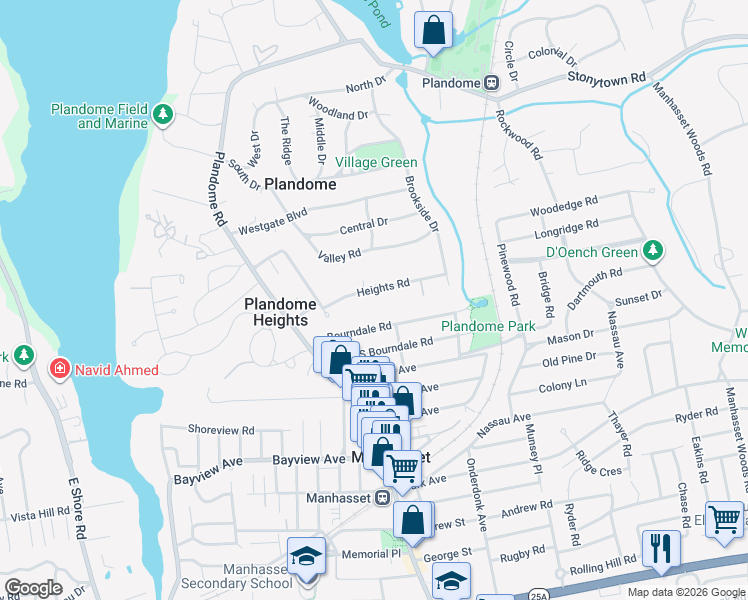 map of restaurants, bars, coffee shops, grocery stores, and more near 22 Heights Road in Manhasset
