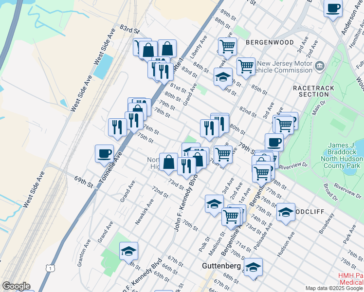 map of restaurants, bars, coffee shops, grocery stores, and more near 1231 76th Street in North Bergen