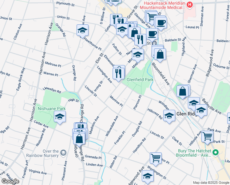 map of restaurants, bars, coffee shops, grocery stores, and more near 115 Maple Avenue in Montclair
