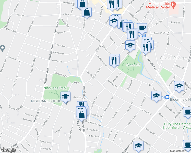 map of restaurants, bars, coffee shops, grocery stores, and more near 20 Irving Street in Montclair