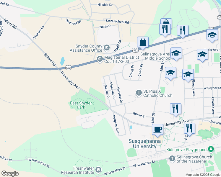 map of restaurants, bars, coffee shops, grocery stores, and more near 5 Crescent Avenue in Selinsgrove
