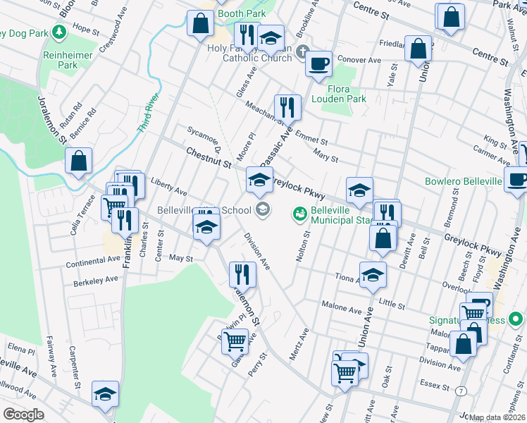 map of restaurants, bars, coffee shops, grocery stores, and more near 100 Passaic Avenue in Belleville
