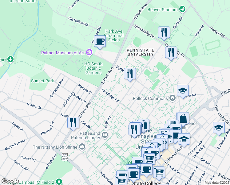 map of restaurants, bars, coffee shops, grocery stores, and more near Shortlidge Road in State College