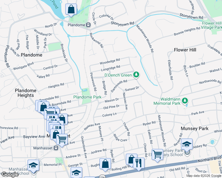 map of restaurants, bars, coffee shops, grocery stores, and more near 35 Dartmouth Road in Manhasset