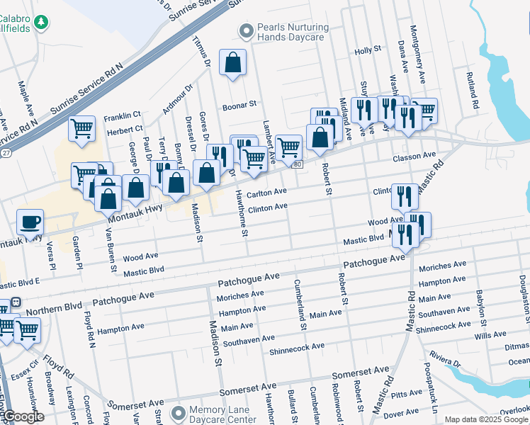 map of restaurants, bars, coffee shops, grocery stores, and more near 84A Clinton Avenue in Mastic