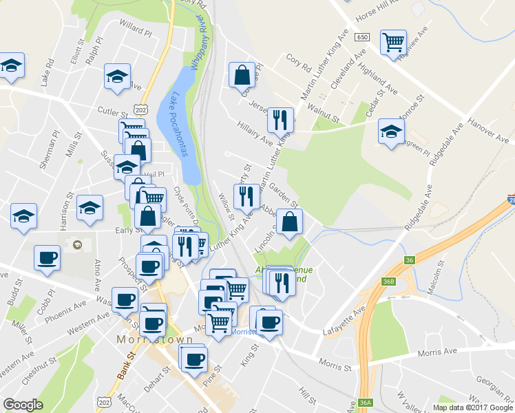 map of restaurants, bars, coffee shops, grocery stores, and more near 31 Martin Luther King Avenue in Morristown