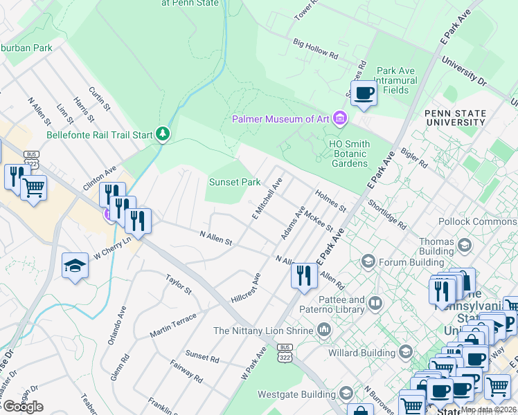 map of restaurants, bars, coffee shops, grocery stores, and more near 814 Jackson Circle in State College