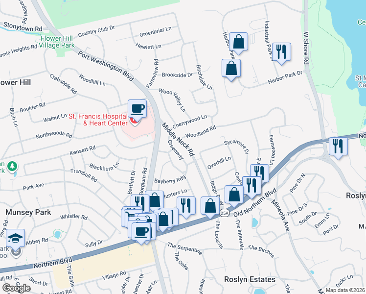 map of restaurants, bars, coffee shops, grocery stores, and more near 13 Greenway in Roslyn