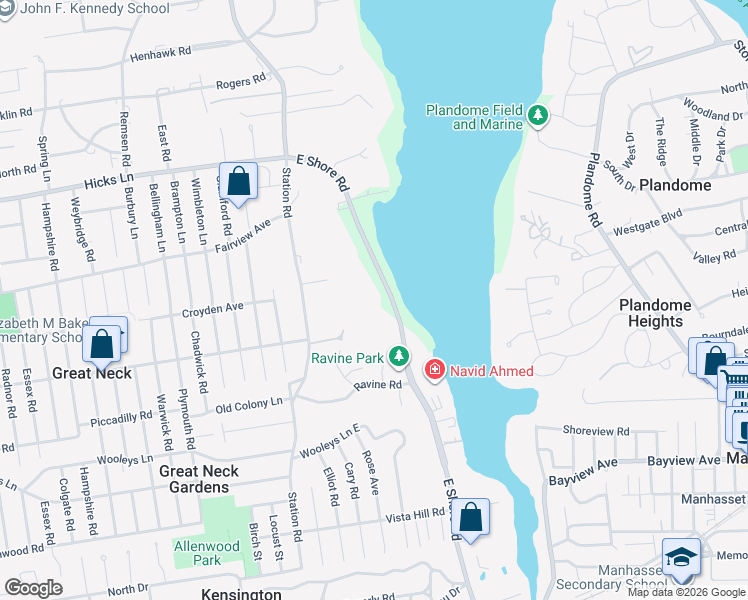 map of restaurants, bars, coffee shops, grocery stores, and more near 337 East Shore Road in Great Neck