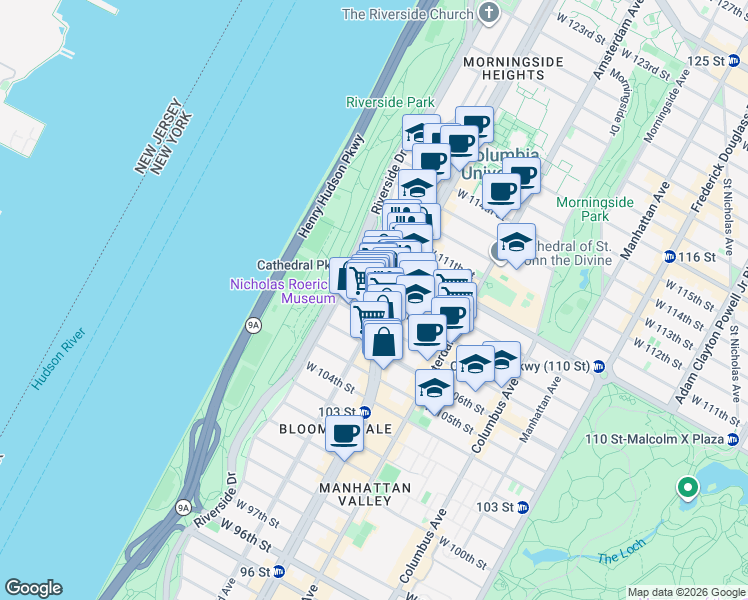 map of restaurants, bars, coffee shops, grocery stores, and more near in New York