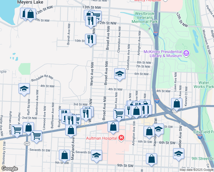 map of restaurants, bars, coffee shops, grocery stores, and more near 408 Broad Avenue Northwest in Canton