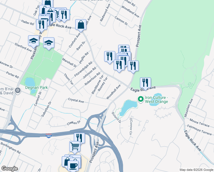 map of restaurants, bars, coffee shops, grocery stores, and more near 14 Rosney Terrace in West Orange
