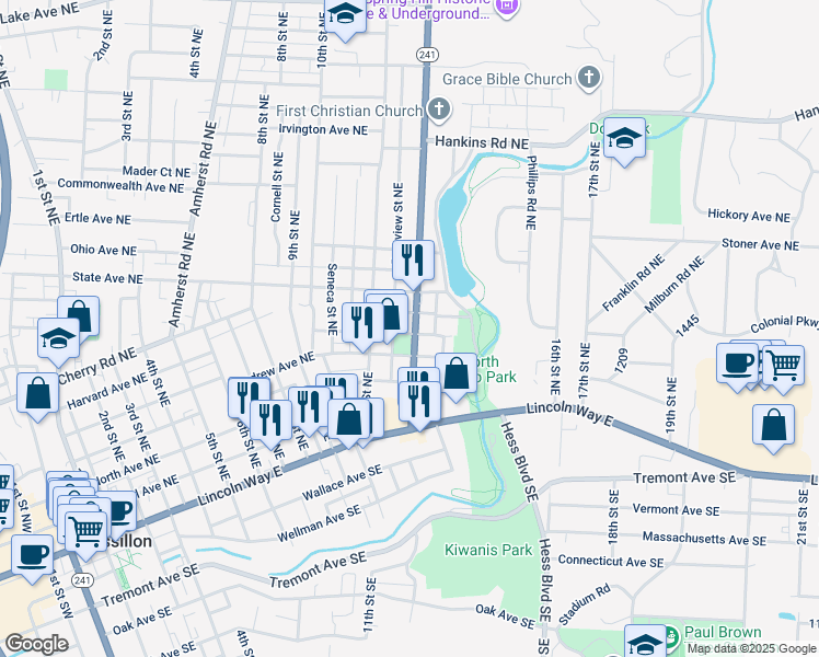 map of restaurants, bars, coffee shops, grocery stores, and more near 431 Wales Rd NE in Massillon