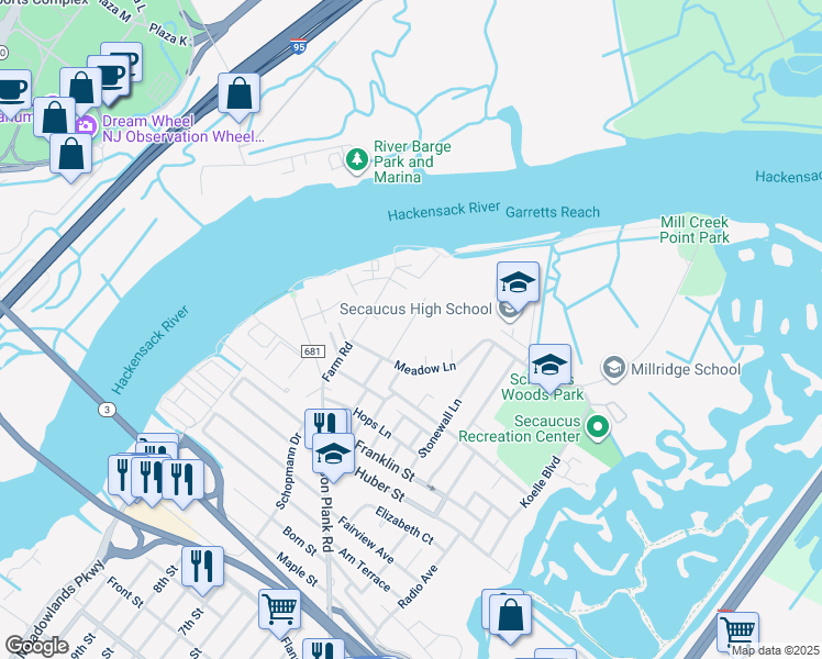 map of restaurants, bars, coffee shops, grocery stores, and more near 220 Meadow Lane in Secaucus
