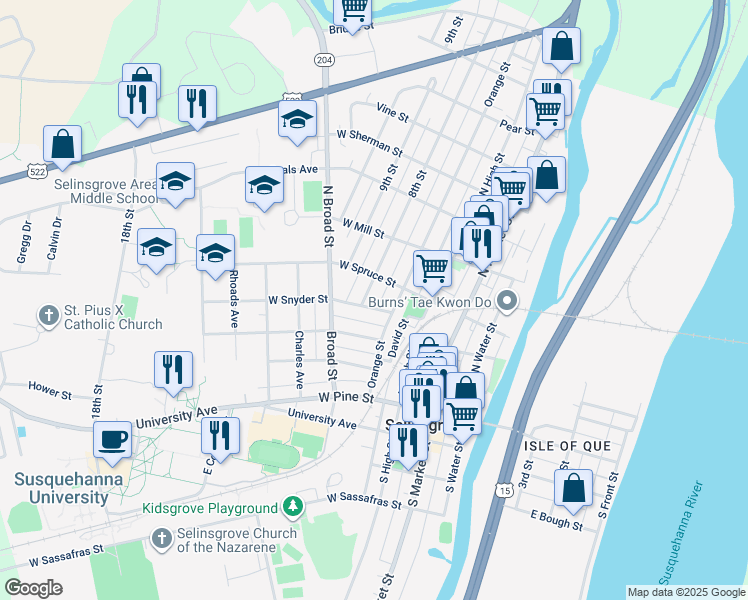 map of restaurants, bars, coffee shops, grocery stores, and more near 212 W Snyder St in Selinsgrove
