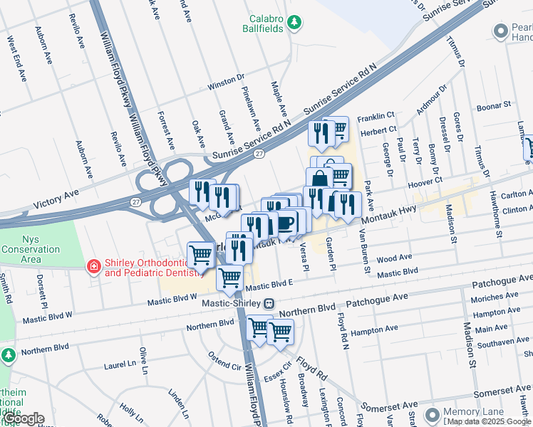 map of restaurants, bars, coffee shops, grocery stores, and more near 20 Grand Avenue in Shirley