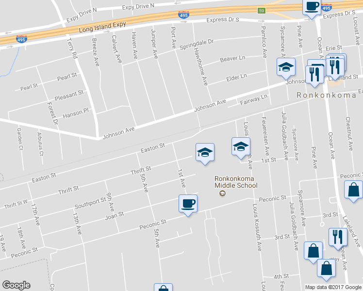 map of restaurants, bars, coffee shops, grocery stores, and more near 500 Easton Street in Ronkonkoma