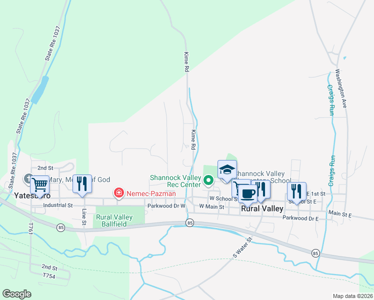 map of restaurants, bars, coffee shops, grocery stores, and more near 201 Diane Drive in Rural Valley