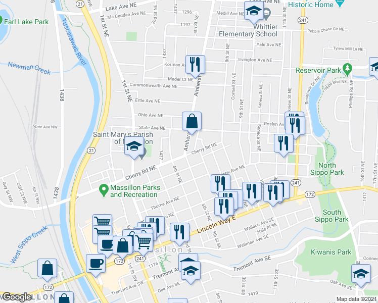 map of restaurants, bars, coffee shops, grocery stores, and more near 514 Cherry Road Northeast in Massillon