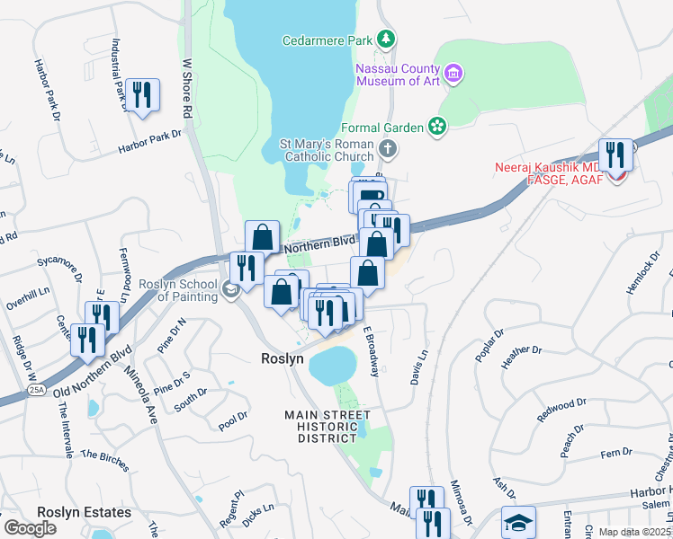 map of restaurants, bars, coffee shops, grocery stores, and more near 25 Skillman Street in Roslyn